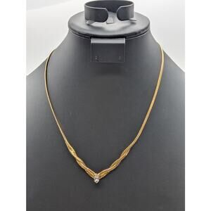 Vintage Gold Plated Twisted Herringbone Marquis Crystal Pendant 19.5" Necklace